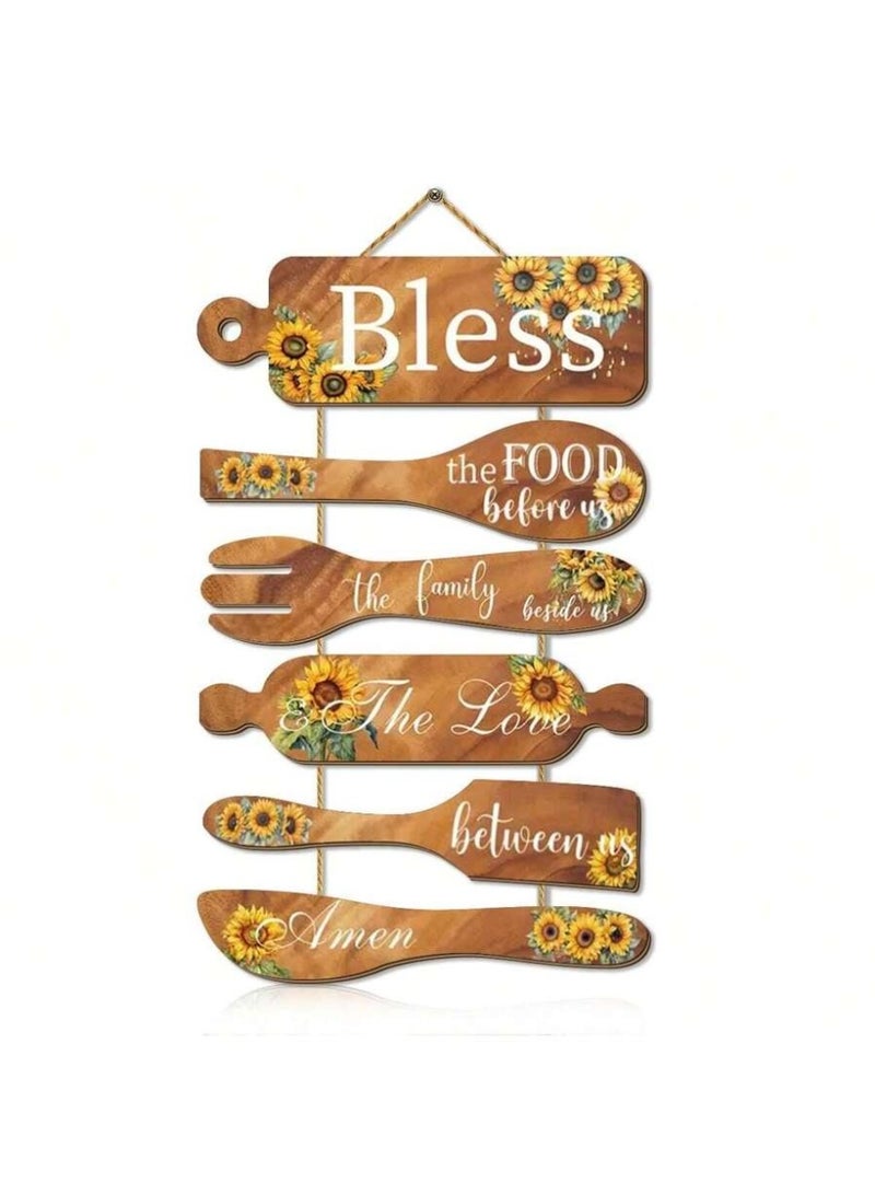Bless the Food Before Us Wall Hanging – Rustic Kitchen Wall Decor Sign – Wooden Spoon & Fork Quote Art – Farmhouse Dining Room Hanging Plaque - Image 5